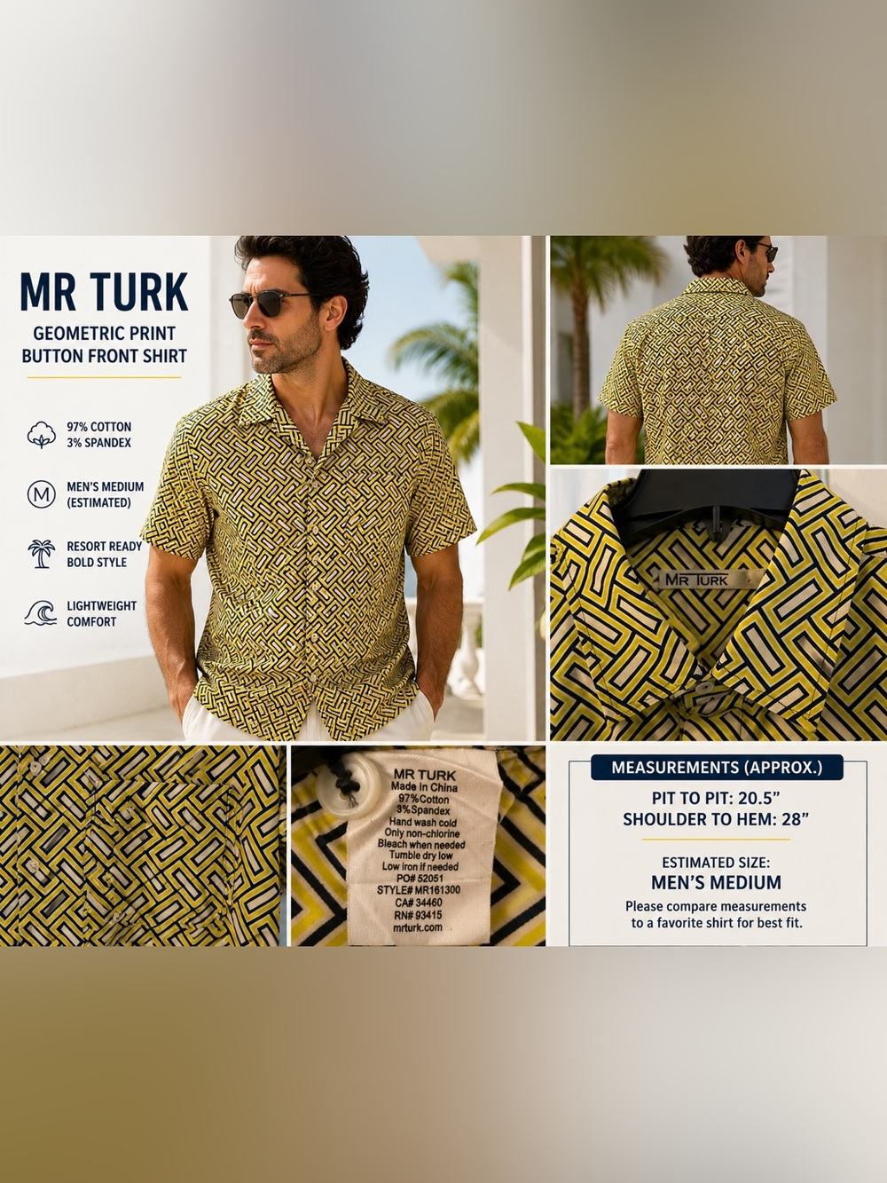 Mr Turk Geometric Print Button Front Camp Shirt Men's Medium Yellow Blue Resort